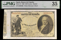 1889. 100 pesetas. (Ed. B83) (Ed. 299) (Pick 41). 1 de junio, Goya. Certificado por PMG como Choice Very Fine 35. Raro. MBC.