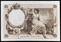 (1908). 25 pesetas. (Ed. NE14pb) (Ed. NE14Pb) (Pick 67p2). (1 de diciembre). Prueba de reverso en marrón. Diseño y grabado de Enrique Vaquer. S/C-.