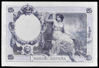 (1908). 25 pesetas. (Ed. NE14pb) (Ed. NE14Pb) (Pick 67p2). (1 de diciembre). Prueba de reverso en azul. Diseño y grabado de Enrique Vaquer. S/C-.