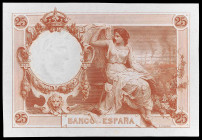 (1908). 25 pesetas. (Ed. NE14pb) (Ed. NE14Pb) (Pick 67p2). (1 de diciembre). Prueba de reverso en carmín. Diseño y grabado de Enrique Vaquer. S/C-.