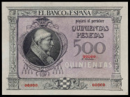 (1925). 500 pesetas. (Ed. NE22) (Ed. NE22Pb) (Pick 69A). (23 de enero). Cardenal Cisneros. Prueba no adopatada, sin fechas ni firmas. Numeración 00000...