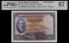 1927. 50 pesetas. (Ed. B110m) (Ed. 326M) (Pick 72s). 17 de mayo, Alfonso XIII. "SPECIMEN" en taladros y numeración 0,000,000. Certificado por PMG como...