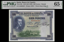 1925 (ND 1936). 100 pesetas. (Ed. C1) (Ed. 350) (Pick 69c). 1 de julio, Felipe II. Serie E. Certificado por PMG como Gem Uncirculated 65 EPQ. Apresto ...