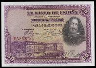 1928. 50 pesetas. (Ed. C5) (Ed. 354) (Pick 75b). 15 de agosto, Velázquez. Serie E. S/C-.