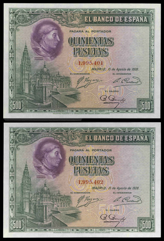 1928. 500 pesetas. (Ed. C7) (Ed. 356) (Pick 77s). 15 de agosto, Cisneros. Pareja...