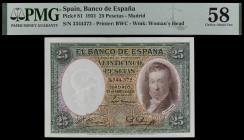 1931. 25 pesetas. (Ed. C9) (Ed. 358) (Pick 81). 25 de abril, Vicente López. Certificado por PMG como Choice About Unc 58. EBC+.