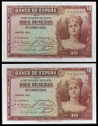 1935. 10 pesetas. (Ed. C15) (Ed. 364) (Pick 86). Pareja correlativa, sin serie. Manchita. S/C-.