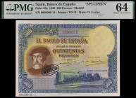 1935. 500 pesetas. (Ed. falta) (Ed. 365Ma) (Pick 89s). 7 de enero, Hernán Cortés. Muestra modelo con sello negro de De la Rue, numeración de muestra m...