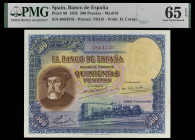 1935. 500 pesetas. (Ed. C16) (Ed. 365) (Pick 89). 7 de enero, Hernán Cortés. Certificado por PMG como Gem Uncirculated 65 EPQ. Apresto original. Posib...