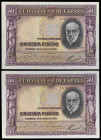 1935. 50 pesetas. (Ed. C17) (Ed. 366) (Pick 88). 22 de julio, Ramón y Cajal. Pareja correlativa, sin serie. S/C-.