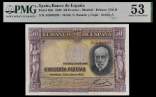 1935. 50 pesetas. (Ed. C17a) (Ed. 366a) (Pick 88b). 22 de julio, Ramón y Cajal. Serie A. Certificado por PMG como About Uncirculated 53. Raro. EBC+.