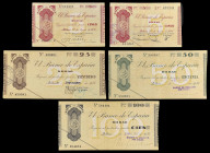 1936. Bilbao. 5 (sin serie y serie A), 25, 50 y 100 pesetas. (Ed. C19f, C19Ac, C20c, C21a y C22b) (Ed. 368h, 368Ac, 369c, 370a y 371b) (Pick S551 a S5...
