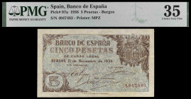 1936. Burgos. 5 pesetas. (Ed. D18) (Ed. 417) (Pick 97a). 21 de noviembre. Certificado por PMG como Choice Very Fine 35 Minor repairs. Reparaciones sob...