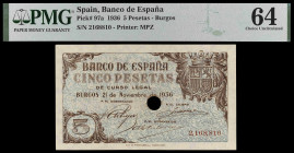 1936. Burgos. 5 pesetas. (Ed. D18na var) (Ed. 417T) (Pick 97a). 21 de noviembre. Con taladro central de 9 mm de cancelación. Certificado por PMG como ...