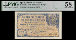 1936. Burgos. 10 pesetas. (Ed. D19) (Ed. 418) (Pick 98a). 21 de noviembre. Certificado por PMG como Choice About Unc 58. Extraordinario ejemplar. Muy ...