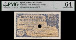 1936. Burgos. 10 pesetas. (Ed. D19na var) (Ed. 418T) (Pick 98a). 21 de noviembre. Con taladro central de cancelación de 9 mm. Certificado por PMG como...
