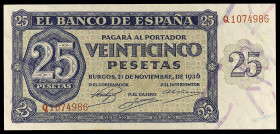 1936. Burgos. 25 pesetas. (Ed. D20a) (Ed. 419a) (Pick 99a). 21 de noviembre. Serie Q. Apresto original. Buen ejemplar. S/C-.