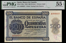 1936. Burgos. 500 pesetas. (Ed. D23) (Ed. 422) (Pick 102a). 21 de noviembre. Serie A. Certificado por PMG como About Uncirculated 55 EPQ. Apresto orig...
