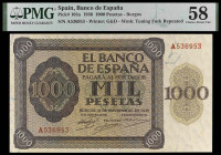 1936. Burgos. 1000 pesetas. (Ed. D24) (Ed. 423) (Pick 103a). 21 de noviembre. Serie A. Certificado por PMG como Choice About Unc 58. Raro y más así. E...