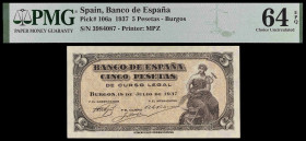 1937. Burgos. 5 pesetas. (Ed. D25) (Ed. 424) (Pick 106a). 18 de julio. Sin serie. Certificado por PMG como Choice Uncirculated 64 EPQ. Apresto origina...