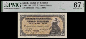 1937. Burgos. 5 pesetas. (Ed. D25a) (Ed. 424a) (Pick 106a). 18 de julio. Serie B. Certificado por PMG como Superb Gem Unc 67 EPQ. Apresto original. Mu...