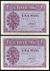 1937. Burgos. 1 peseta. (Ed. D26a) (Ed. 425a) (Pick 104a). 12 de octubre. Pareja correlativa. Serie B. Esquinas rozadas. Manchitas. S/C-.