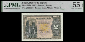 1937. Burgos. 2 pesetas. (Ed. D27) (Ed. 426) (Pick 105a). 12 de octubre. Serie A. Certificado por PMG como About Uncirculated 55 EPQ. Apresto original...