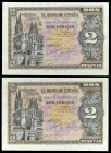 1938. Burgos. 2 pesetas. (Ed. D30a) (Ed. 429a) (Pick 109a). 30 de abril. Pareja correlativa, serie H. Esquinas rozadas. S/C-.