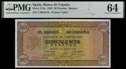 1938. Burgos. 50 pesetas. (Ed. D32a) (Ed. 431a) (Pick 112a). 20 de mayo. Serie C. Certificado por PMG como Choice Uncirculated 64. Raro así. S/C-.
