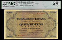1938. Burgos. 500 pesetas. (Ed. D34) (Ed. 433) (Pick 114a). 20 de mayo. Serie A. Certificado por PMG como Choice About Unc 58. Buen ejemplar. Raro así...