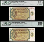 1938. Burgos. 5 pesetas. (Ed. D36b) (Ed. 435b) (Pick 110a). 10 de agosto. Pareja correlativa, serie M, última emitida. Certificados por PMG como Gem U...