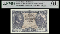 1940. 25 pesetas. (Ed. D37a) (Ed. 436a) (Pick 116a). 9 de enero, Juan de Herrera. Serie C. Certificado por PMG como Choice Uncirculated 64 EPQ. Aprest...