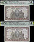 1940. 100 pesetas. (Ed. D39a) (Ed. 438a) (Pick 118a). 9 de enero, Colón. Pareja correlativa, serie D. Certificado por PMG como Choice Uncirculated 64....