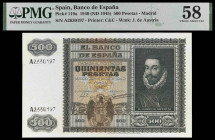 1940. 500 pesetas. (Ed. D40) (Ed. 439) (Pick 119a). 9 de enero, Juan de Austria. Certificado por PMG como Choice About Unc 58. Raro. EBC+.