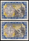 1940. 1 peseta. (Ed. D42) (Ed. 441) (Pick 121a). 1 de junio, Hernán Cortés. Pareja correlativa, sin serie. Esquinas rozadas. S/C-.