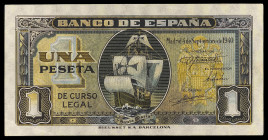 1940. 1 peseta. (Ed. D43) (Ed. 442) (Pick 122a). 4 de septiembre, "Santa María". Sin serie. Esquinas rozadas. Escaso. S/C-.