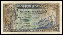 1940. 5 pesetas. (Ed. D44a) (Ed. 443a) (Pick 123a). 4 de septiembre, Alcázar de Segovia. Serie L. Apresto original. Buen ejemplar. S/C-.