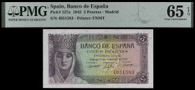 1943. 5 pesetas. (Ed. D47) (Ed. 446) (Pick 127a). 13 de febrero, Isabel la Católica. Sin serie. Certificado por PMG como Gem Uncirculated 65 EPQ. Apre...