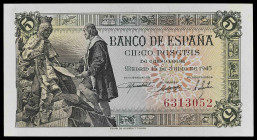 1945. 5 pesetas. (Ed. D50) (Ed. 449) (Pick 129a). 15 de junio, Isabel y Colón. Sin serie. Apresto original. Buen ejemplar. S/C-.