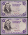 1946. 25 pesetas. (Ed. D51) (Ed. 450) (Pick 130a). 19 de febrero, Flórez Estrada. Pareja correlativa sin serie. Casi imperceptible doblez central. Apr...