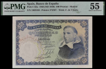 1946. 500 pesetas. (Ed. D53) (Ed. 452) (Pick 132a). 19 de febrero, Padre Vitoria. Certificado por PMG como About Uncirculated 55. Buen ejemplar. Raro ...