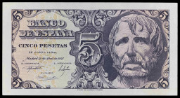 1947. 5 pesetas. (Ed. D55) (Ed. 454) (Pick 134a). 12 de abril, Séneca. Sin serie. Apresto original. S/C-.