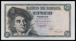 1948. 5 pesetas. (Ed. D56) (Ed. 455) (Pick 136a). 5 de marzo, Elcano. Sin serie. Leve doblez central. EBC+.