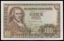 1948. 100 pesetas. (Ed. D57) (Ed. 456) (Pick 137a). 2 de mayo, Bayeu. Sin serie. Esquinas rozadas. Apresto original. Buen ejemplar. S/C-.