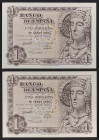 1948. 1 peseta. (Ed. D58) (Ed. 457) (Pick 135a). 19 de junio, La Dama de Elche. Pareja correlativa sin serie. Apresto original. Buenos ejemplares. S/C...