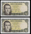 1951. 5 pesetas. (Ed. D60) (Ed. 459) (Pick 140a). 16 de agosto, Balmes. Pareja correlativa sin serie. Apresto original. Buenos ejemplares. S/C-.