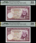 1951. 50 pesetas. (Ed. D63) (Ed. 462) (Pick 141a). 31 de diciembre, Rusiñol. Pareja correlativa, sin serie. Certificados por PMG como About Uncirculat...