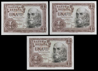 1953. 1 peseta. (Ed. D66) (Ed. 465) (Pick 144a). 22 de julio, Marqués de Santa Cruz. Trío correlativo, sin serie. S/C-.