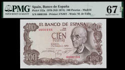 1970. 100 pesetas. (Ed. D73) (Ed. 472). 17 de noviembre, Falla. Numeración 0000166. Apresto original. Buen ejemplar. Certificado por PMG como Superb G...
