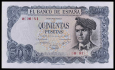 1971. 500 pesetas. (Ed. D74) (Ed 473) (Pick 153a). 23 de julio, Verdaguer. Sin serie. Numeración 0000381. Leve doblez central. Apresto original. EBC+....